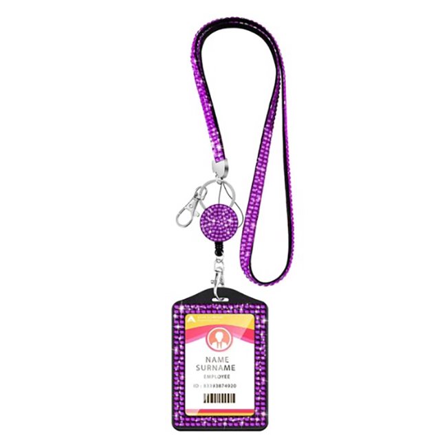 New Rhinestone Badge Holder ID Lanyard Bling Crystal Necklace Strap Badge Card Holder Protector Case Retractable Hanging Rope Purple-riser card