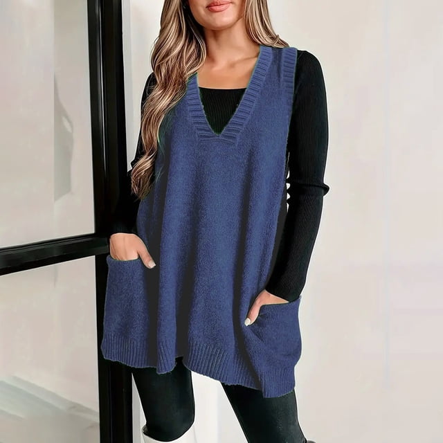 IMENGL Chandail Sans Manches à Poche Confortable, Col en v, Bleu 4TG, Taille g-4TG
