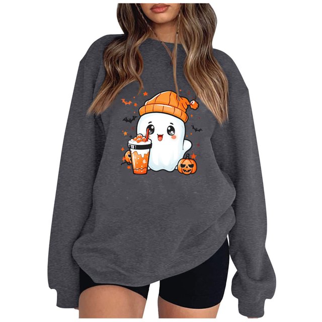 Pisexur Chandail en Molleton d'Halloween pour Femmes en Polaire Orange à Manches Longues Col Rond Mode Citrouille Graphique Chandails en Molleton à Capuche d'Halloween