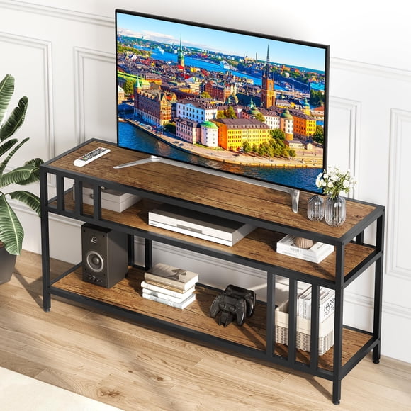 TROPOW Meubles Télé pour Salon, Meuble Télé de 65 Pouces pour Télé jusqu'à 75 Pouces, Centre de Divertissement avec Étagères de Rangement Ouvertes, Table Console Multimédia pour Télé avec Support à Quatre Tubes pour Salon, Chambre