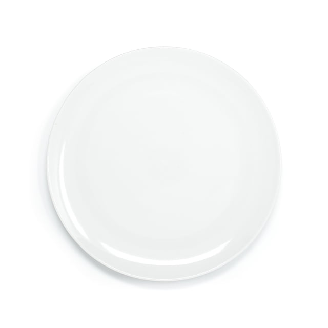 NB Assiette de Souper Coupe 10,5 Pouces Blanche, Assiette Ronde en Porcelaine avec une Finition Blanche Lisse et un Rebord Légèrement Relevé, Montrée d'Une Vue de Haut en Bas sur un Fond Blanc, Va au Lave-Vaisselle et au Micro-Ondes Mais Pas pour une Utilisation au Four Conventionnel, Convient aux Repas Quotidiens et aux Réceptions Décontractées.