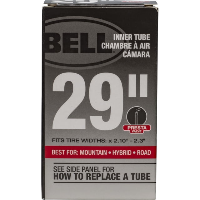 Bell Sports Standard Schrader Valve Tube inner Tube 29 Pouces Chambre à Air Noire Pliée avec Tige de Valve Schrader visible dans une Prise de Produit Centrée; Paroi Latérale en Caoutchouc Durci Répertoriée dans les Spécifications pour Aider à Prévenir les Soufflets à Haute Pression, compatible avec Vélos de Montagne, Hybrides et de Route, et Convient comme Pièce de Rechange Compacte pour Trousses de Réparation de Sentier.