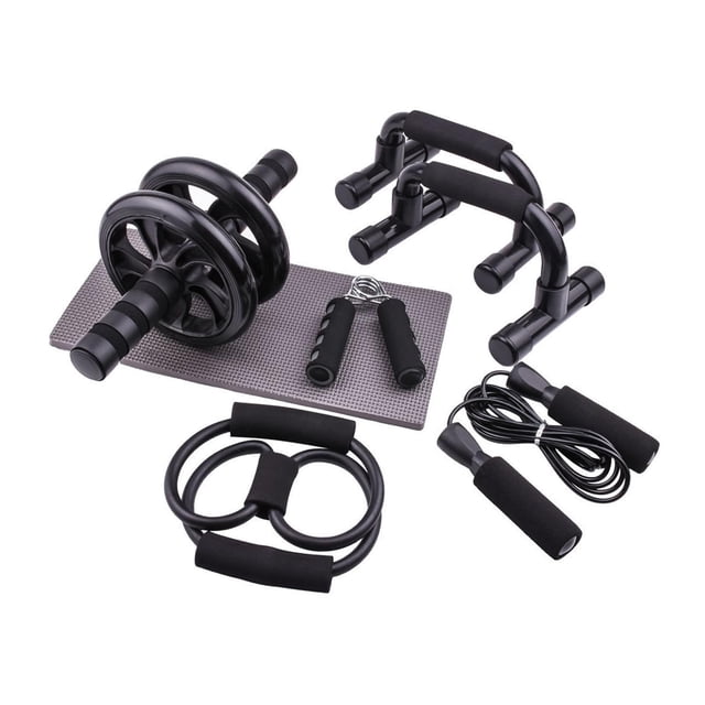 Lipstore 7 Piece Ab Workout Roller Wheel Kit Complete Accessory Fitness Equipment Set Black