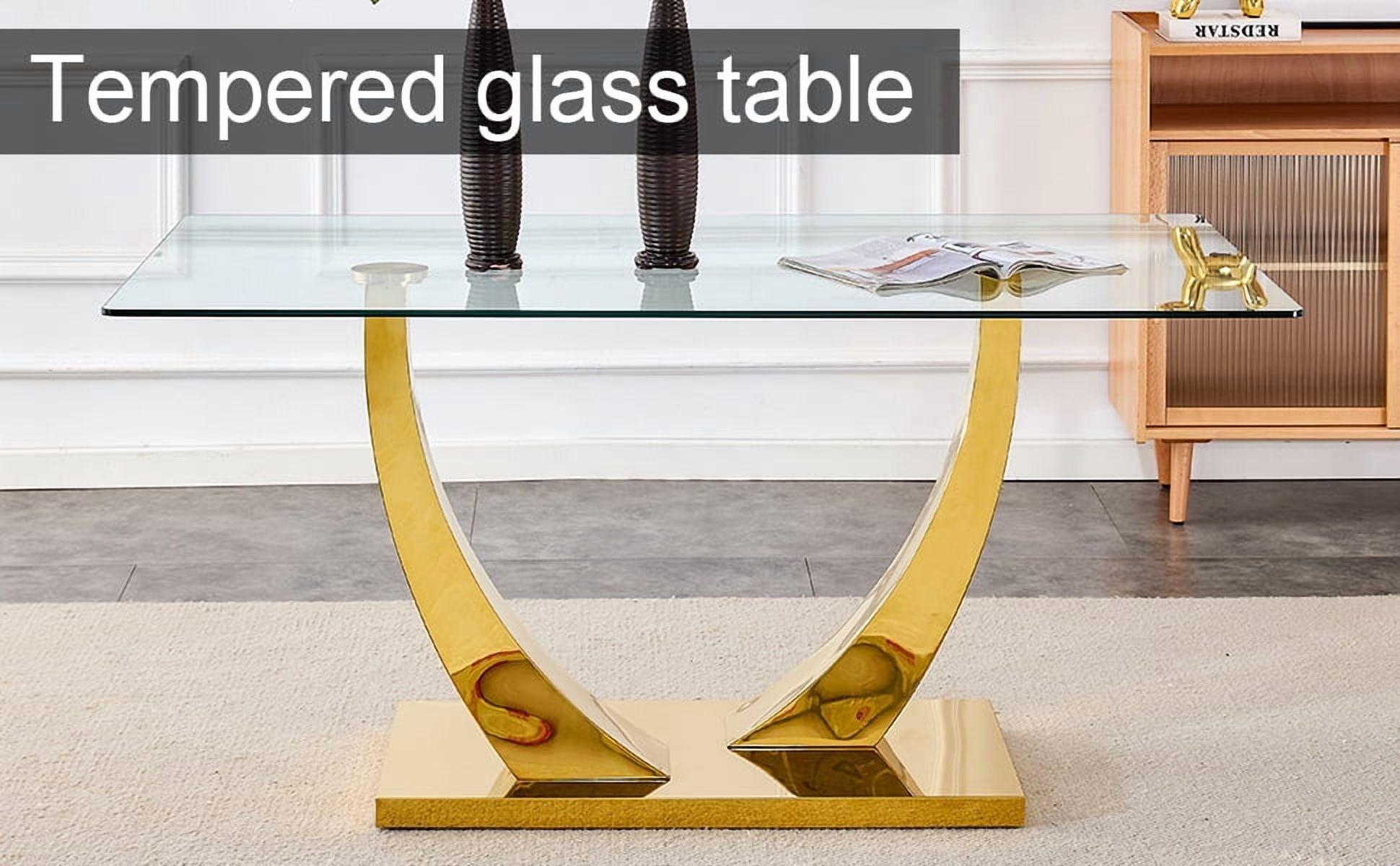 Noble House 63" Modern Rectangular Glass Dining Table,Tempered Glass Top,Gold