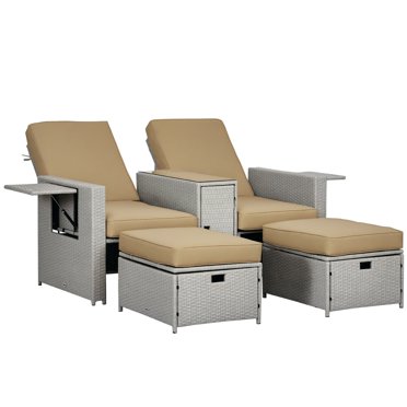 Outsunny Patio Lounger w/ Storage Table and Ottomans Recliner Sofa, Khaki