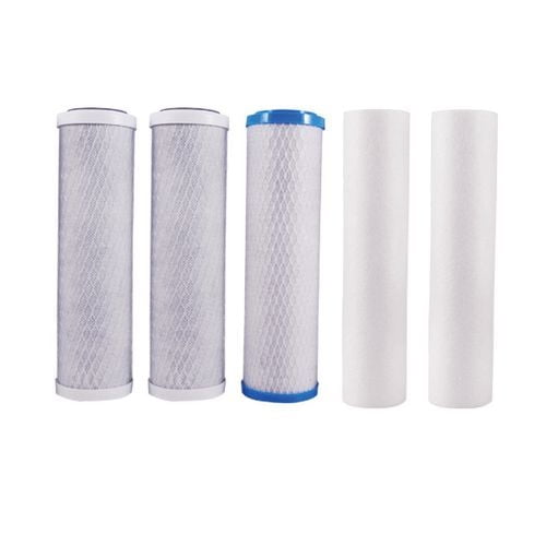 Watts WP-4V VOC Replacement Filter Kit featuring five cylindrical water filters: two 5 micron sediment filters in white, two 5 micron carbon block filters with white mesh, and one 1 micron VOC carbon block filter with blue end caps, ideal for kitchen water filtration systems.