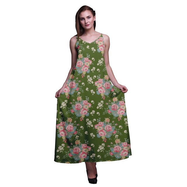 Bimba Rayon Floral Ladies Printed Backless Spaghetti Strap Long Maxi Evening Party Dress-Small
