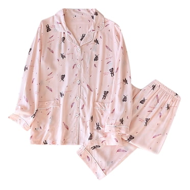 RKSTN Ensembles de Pyjama pour Femmes Coton à Imprimé Floral Manches Longues Boutons Hauts+pantalon Long Ensemble de Pyjama Tenue de Maison Deux Pièces Ensembles de Pyjama