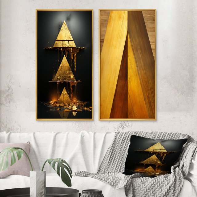Designart « Prospérité Ascendante Rétro Or Abstrait I » Peinture Abstraite Ensemble d'Art Mural Encadré de 2 - Ensemble d'Art Mural Moderne Encadré Or de 2