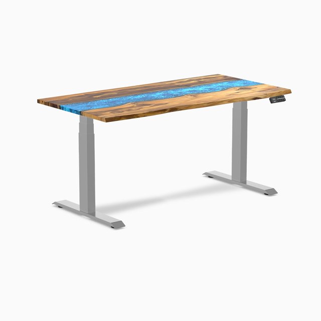 Desky Dual Resin Hardwood Sit Stand Desk - Teak Blue River / 60 x 30 inches / Grey