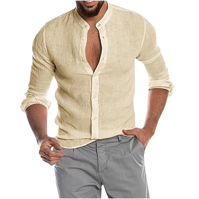 Pompotops Mode Homme Bouton Col en V Manches Longues T-Shirt Automne Uni Ample Blouse Hauts en Solde
