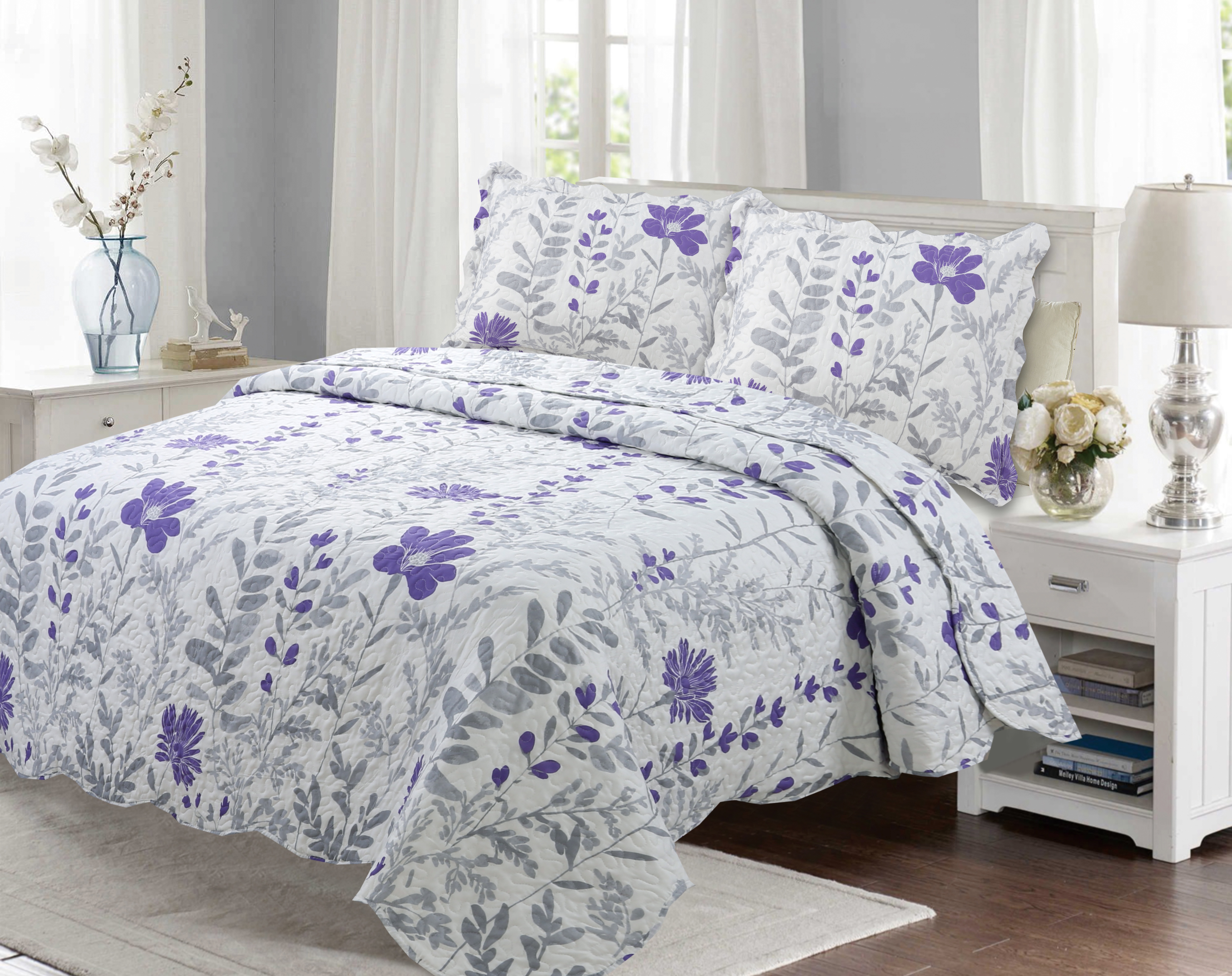 Marina Decoration Couvre-lit imprimé riche, couvre-lit ultra doux pour l'été, ensemble de literie avec housse matelassée, motif floral violet moderne