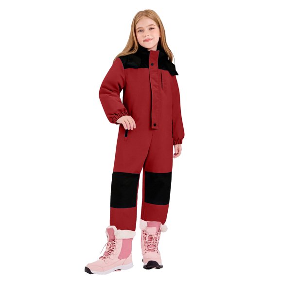 LMKIHUSA Kids One Piece Snowsuit Waterproof Windproof Thermal Hooded Outdoor Ski Snow Play Siamese Onesie Casual Fashion Winter 2025 Overalls Red,3-4Years