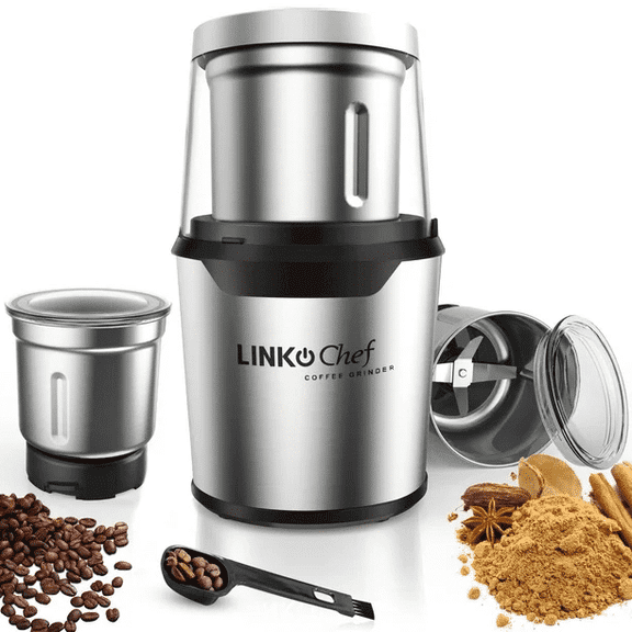 LINKChef Coffee Grinder, Spice Grinder with 4 Blades for Coffee Beans, Spice, Tea - New (Silver)