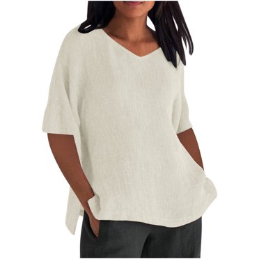Babysbule Women's V-Neck Short Sleeve Cotton Linen Shirt Casual Loose Blouse Summer Tunic Top for Dating Beach Work