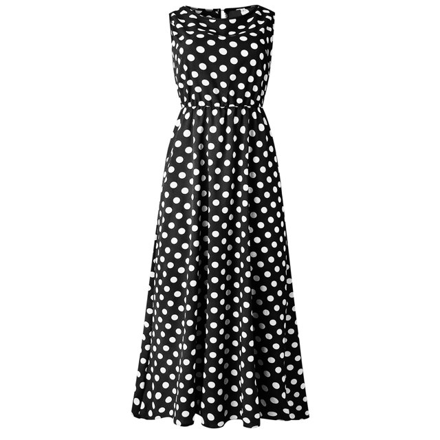 Robe Maxi 2025 pour Femmes Robe Confortable Col Rond à Pois Robe Mi-Longue Sans Manches Ligne A Plissée Robes d'Été pour Femmes Plage avec Manches Ample Froncée Fluide Décontractée Robes Débardeur