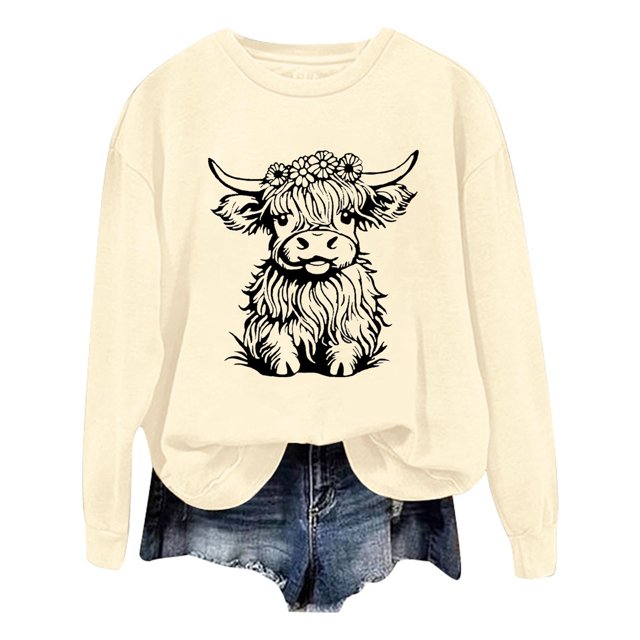 WEAIXIMIUNG Chandail pour Femmes Chic Chandail d'Automne et d'Hiver pour Femmes 2025 Col Rond Mode Chemise à Imprimé Vache Manches Longues Mode Décontractée Mode Haut de Sortie
