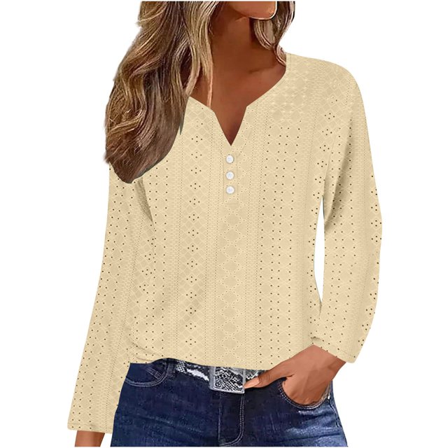 Timegard Hauts à Oeillets pour Femmes Col en V Échancré Blouse à Boutons Chic Décontractée Manches Longues Hauts Amples Automne