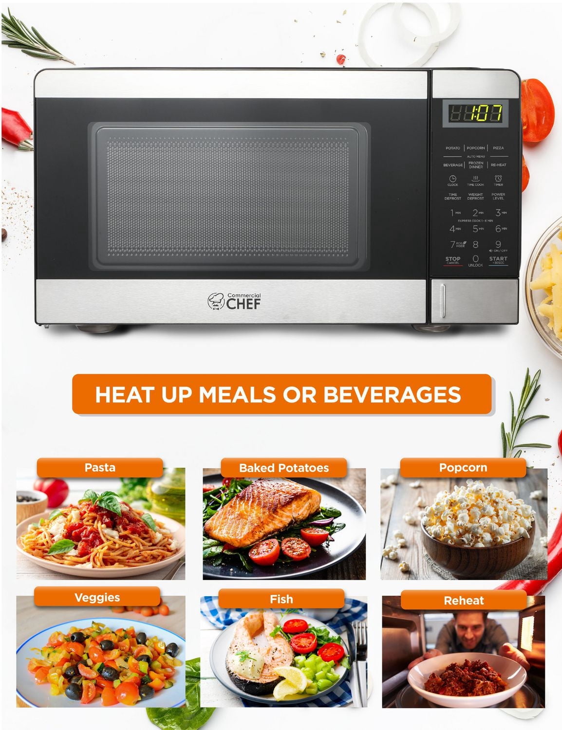 COMMERCIAL CHEF Micro-ondes de 0,7 pied cube avec 10 niveaux de puissance, petit micro-ondes avec bouton poussoir, micro-ondes de comptoir 700 W jusqu'à 99 minutes, minuterie et affichage numérique, a