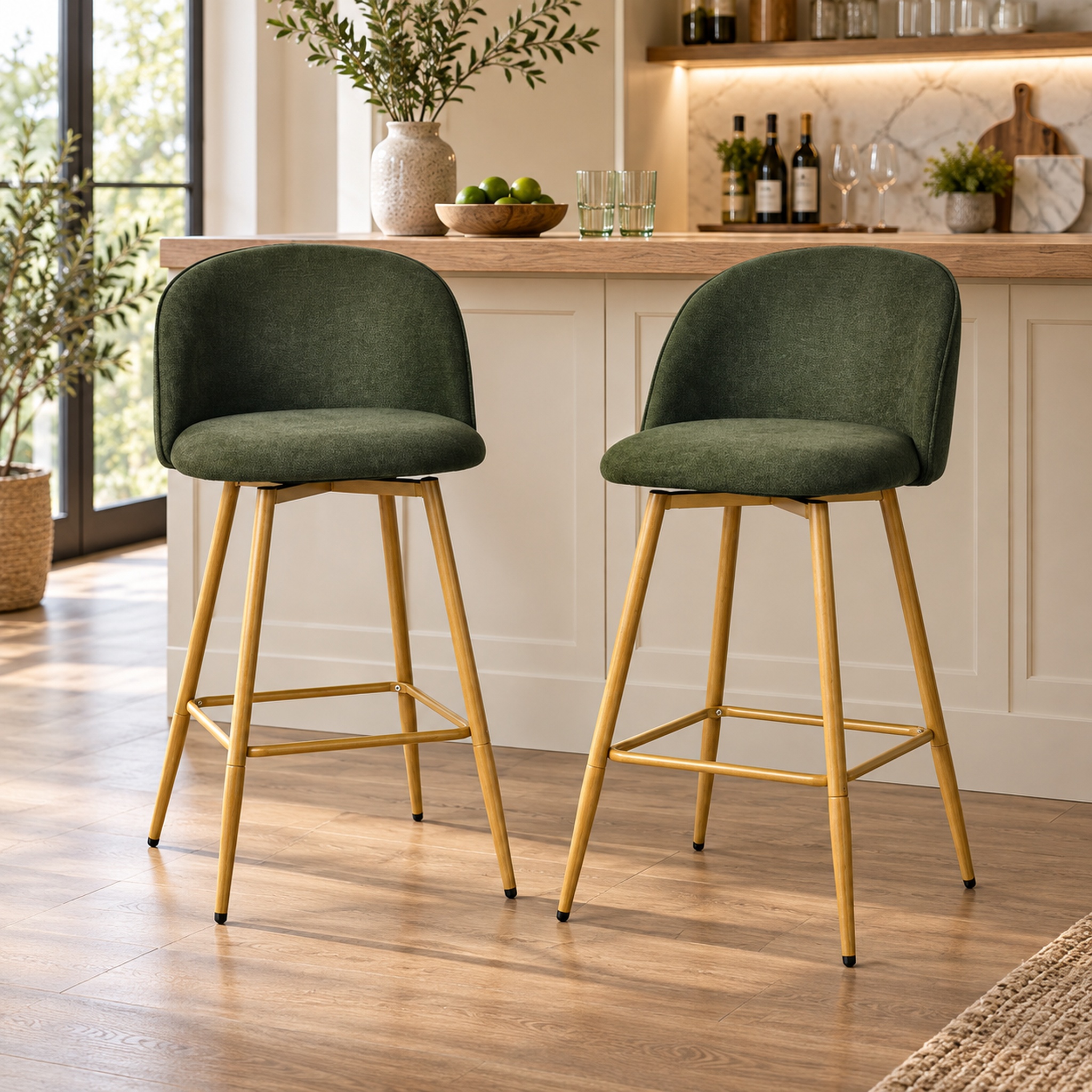 Homy Casa Ensemble de 2 tabourets pivotants 24.4", chaises vertes en tissu pour îlot de cuisine et bar maison