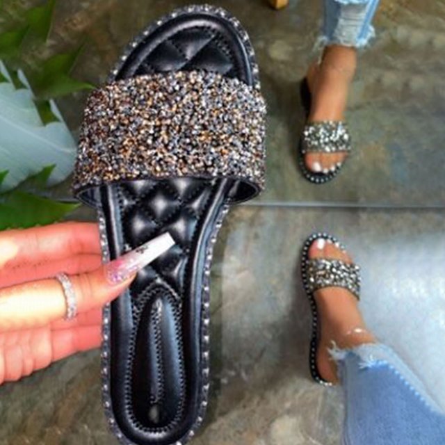 LSLJS Fashion Flat Sandals Rhinestone Slipper Summer Beach Slipper, Women's Slippers