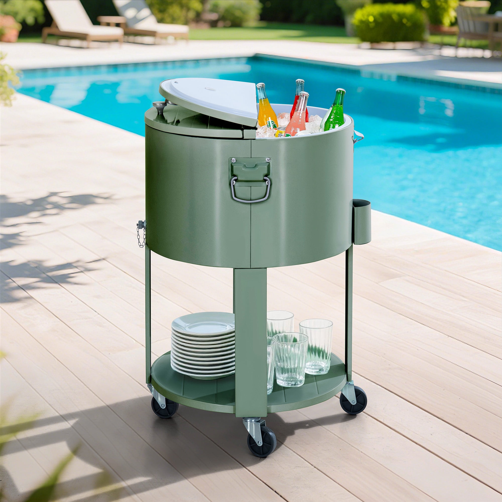 Sunjoy Rooling Ice Chest Cooler Cart 60 Quart, Portable Patio Party Bar Drink Cooler Cart, Beverage Bar with Bottle Opener and Shelf