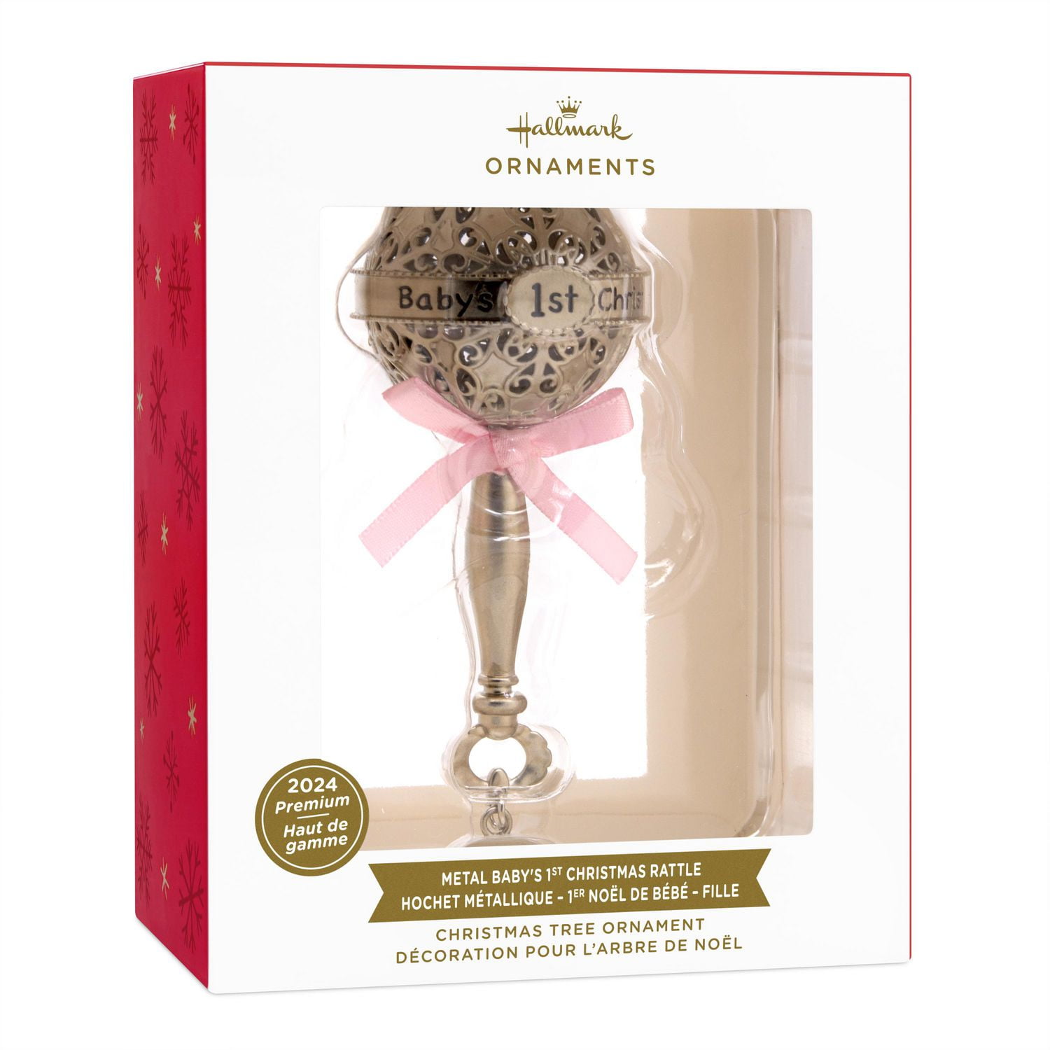 Décoration Hallmark de Noël (Hochet argenté décoré d'un ruban rose « Baby's 1st Christmas 2024 », décoration métallique haut de gamme)