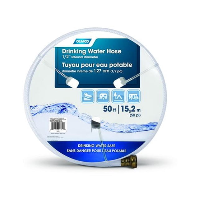 Camco 22753 Boyau d'Eau Potable de 50 Pieds avec Diamètre Intérieur de 1/2 Pouce, Boyau en PVC Blanc Enroulé Renforcé avec Raccords en Laiton, Certifié NSF et Sans BPA, Conçu pour l'Utilisation d'Eau Fraîche par les VR et l'Accouchement Sécuritaire de l'Eau Potable.