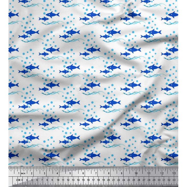 Soimoi polyester Crepe Fabric Waves,Bubbles & Fish Ocean Decor Fabric Printed Yard 52 Inch Wide