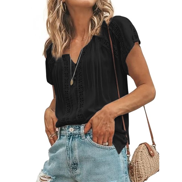 Women V Neck Short Sleeve Lace Crochet Hollow Out Solid Color T-Shirt