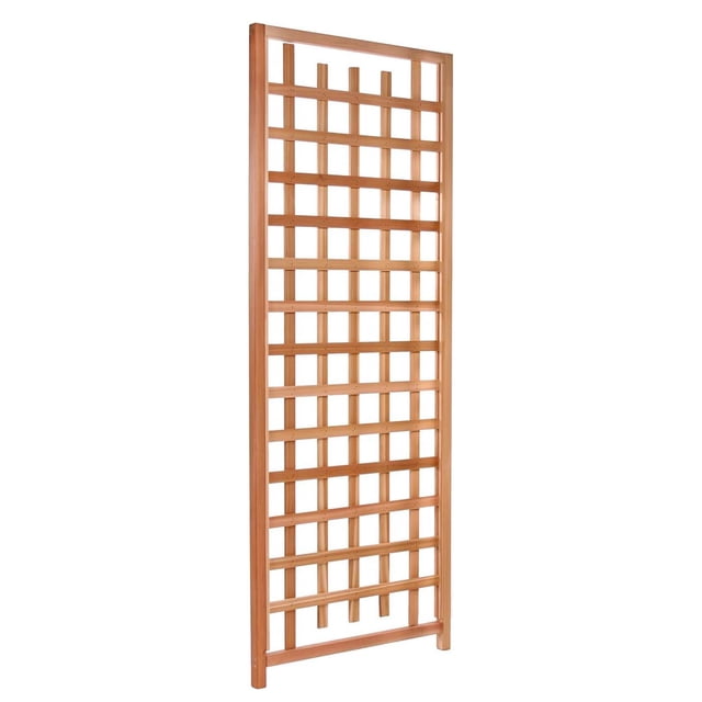 All Things Cedar 84"x33" Outdoor Single Trellis handcrafted for climbing plants. This rectangular trellis, made from premium Western Red Cedar, features a natural wood finish and a grid-like design with snug-fitting parts. Measuring 33 x 2 x 84 inches, it is ideal for supporting climbing plants like vines or roses. The smooth, sanded finish ensures durability and weather resistance, making it suitable for outdoor use in gardens, patios, or balconies. Weighing 14 pounds, this trellis can be used as a standalone piece or combined with others to create a customizable garden wall or privacy screen.