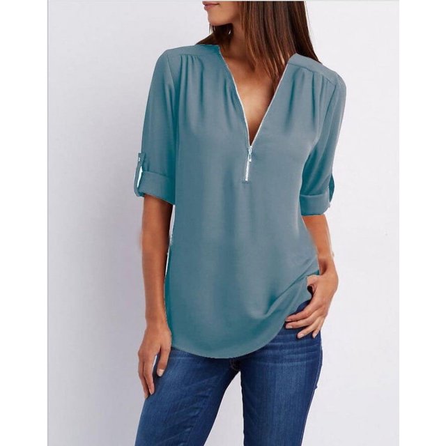 Chemises en Chiffon à Manches Longues pour Femmes, Col en V, Fermeture Éclair, Grande Taille
