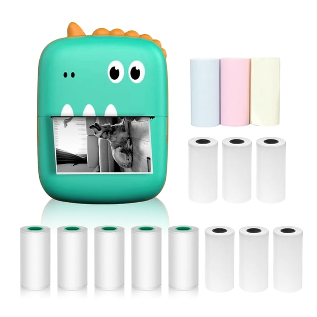 TFixol A8 Imprimante Thermique Compacte de 2 Pouces, Résolution de 200 Dpi, Vert Dinosaure, avec 6 Rouleaux Thermiques, 5 Rouleaux d'Autocollants, 3 Rouleaux de Couleur, Pile Intégrée, Connectivité BT, Matériau ABS.