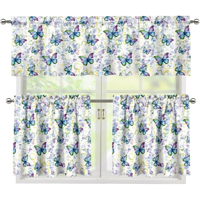 Butterfly Kitchen Curtains and Valances Set Rod Pocket Window Treatment Kitchen Curtains Tier and Valances 3 Piece Kitchen Cafe Privacy Panel Kitchen Window Curtains Over Sink