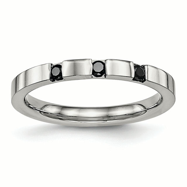 Bague Anneau en Acier Inoxydable Poli 3 Pierres Noir CZ 2,5 mm Taille 7