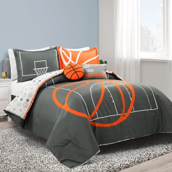 Lush Decor Basketball Game Reversible Oversized 5 Piece Comforter Set - Cozy & Soft Kids Sports Themed Bedding Set - Full/ Queen, Charcoal