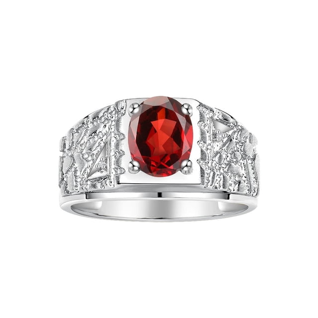 RYLOS Men's Rings Sterling Silver Designer Nugget Ring Oval 9X7MM Gemstone & Diamonds Garnet January Birthstone Rings For Man Size 10