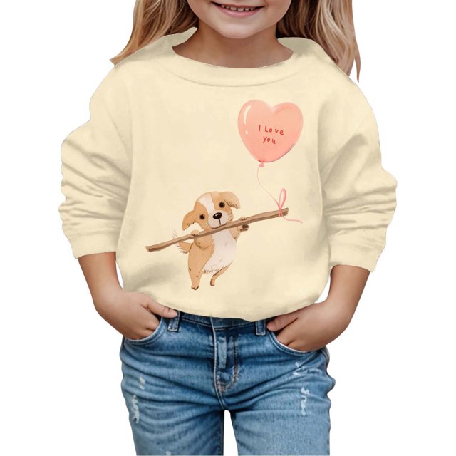 PMVFHDE Chandails à Col Rond Fille Automne et Hiver Saint-Valentin à la Mode et Intéressant Imprimé Chiot Chandail à Capuchon pour Enfants Beige, 5-6 Ans