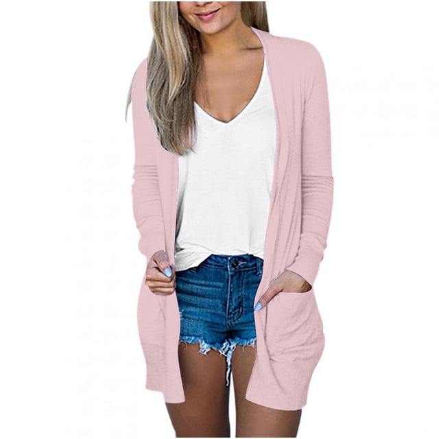 AherBiu Womens Cardigan Tops Long Sleeve Open Front Mid-Long Outwear with Pockets Spring Clothes