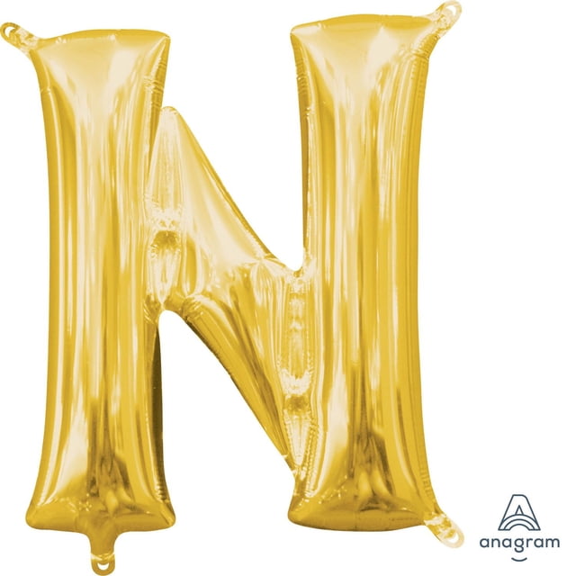 Anagram International Party-Eh! Gold Letter N Balloon is a shiny gold foil balloon shaped as the letter N with a smooth reflective surface, inflated without helium, ideal for party decorations and celebrations, also suitable for photo props.