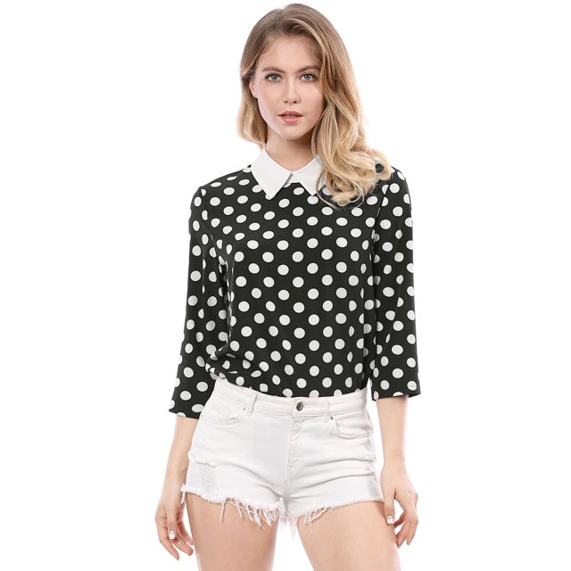 INSPIRE CHIC Chemisier pour Femme à Col Peter Pan Contrastant Manches 3/4 Blouse Chemises TG Noir