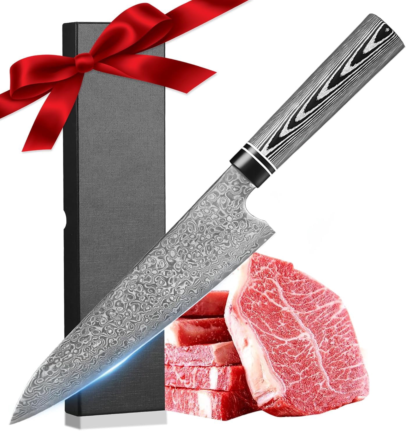 Plys Damascus Chef Knife, 8-Inch Japanese Professional Kitchen Knife, 9CR18MOV Meat Knife, Ultra Sharp Knife with Gife Box