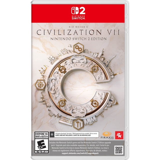 Sid Meier’s Civilization VII (Nintendo Switch 2) - Code in Box centered front-facing box art showing the game title, stylized globe, historic leader portraits and 2K logo; visible callouts for online multiplayer, Joy-Con 2 mouse controls and 4K (30 fps)/1080p (60 fps) output; often used for group strategy nights.