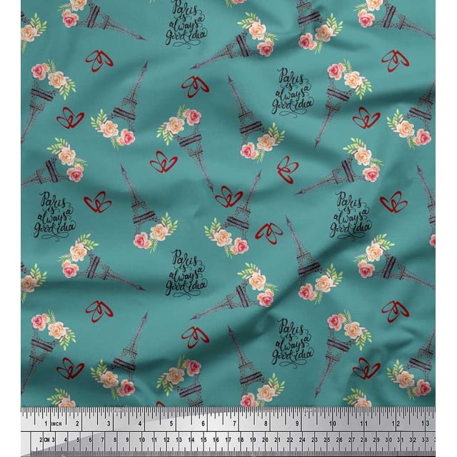 Soimoi Velvet Fabric Text,Floral & Eiffel Tower Architectural Print Sewing Fabric Yard 58 Inch Wide