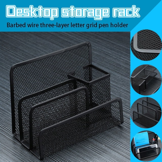 Letter Pen Combination Barbed Wire Three-Layer Letter Pen, EDHITNR Multi-Function Metal Desk Organizer, Non-Slip Rustproof Space Saving Stationery Holder for Office Home Desk Drawer
