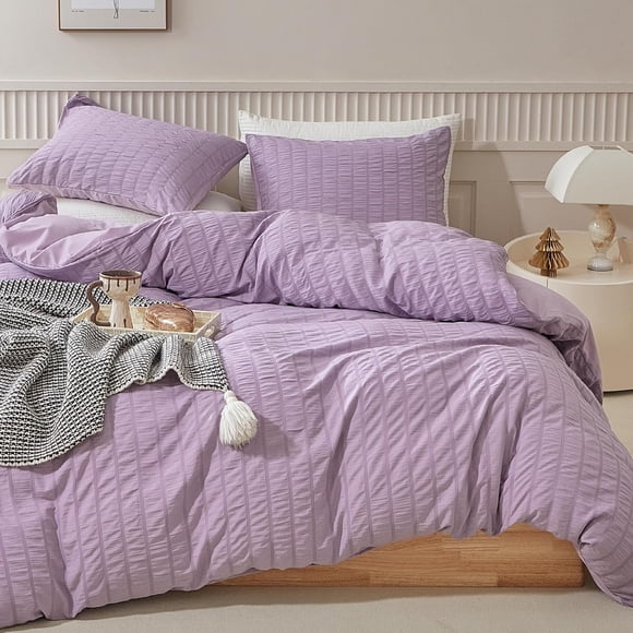 Duvet Cover Set Queen Size, 3pcs Washed Microfiber Purple Bedding Set, Soft Breathable Striped Textured Seersucker Duvet Cover with Zipper Closure & Corner Ties(Purple, Queen)