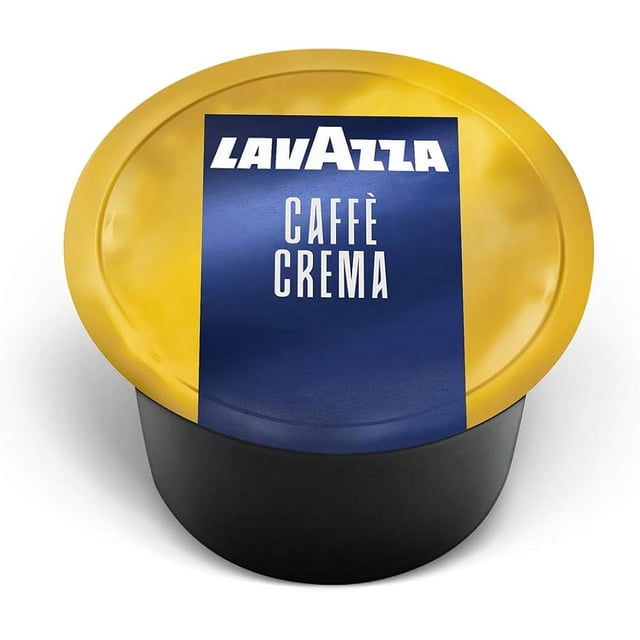 Lavazza Blue Single Espresso Caffe Crema coffee pod with a yellow and blue lid showcasing bold branding. This pack includes 100 single-serve capsules of 100% Arabica coffee, featuring sweet aromatic notes of biscuits and jasmine. Blended and roasted in Italy, these pods are compatible exclusively with Lavazza Blue machines.