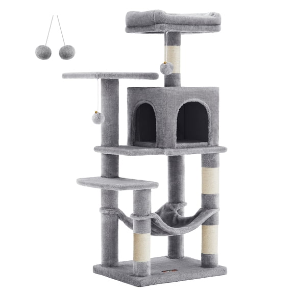 Feandrea Arbre à Chat, Tour pour Chat de 44,1 Po pour Chats d'Intérieur, Condo pour Chat à Plusieurs Niveaux avec Poteaux à Griffer, Perchoirs, Hamac et Niche, Gris Pâle UPCT261W01