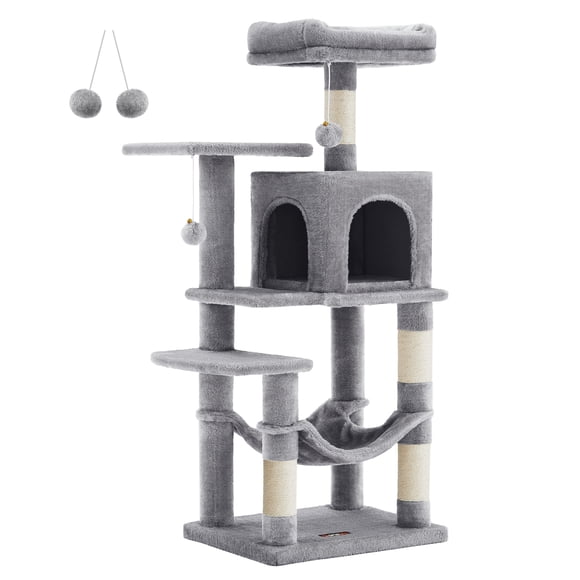Feandrea Cat Tree, 44.1-Inch Cat Tower for Indoor Cats, Multi-Level Cat Condo with Scratching Posts, Perches, Hammock and Cave, Light Gray UPCT261W01