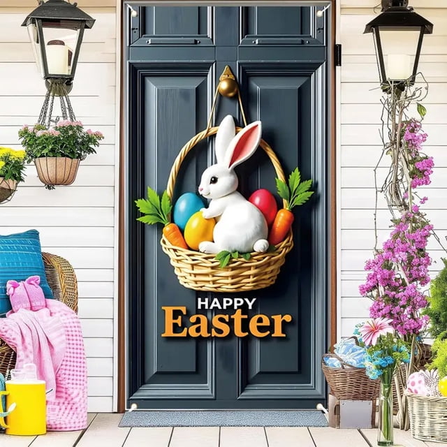 Happy Easter Door Covers,Easter Bunny Eggs Door Covers for Front Door Spring,Welcome Spring Door Cover Decorations Door Banner,Easter Gnome Welcome Banner for Spring Easter Party Decorations Indoor